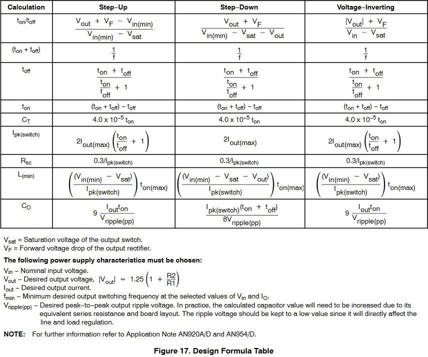 MC34063 recipe table for choosing components for the three topologies, boost, buck, and inverted-boost.